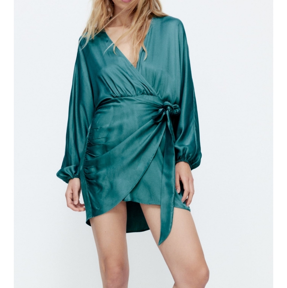 NWT* Zara Satin Effect Wrap Dress Green Mini - Picture 1 of 7
